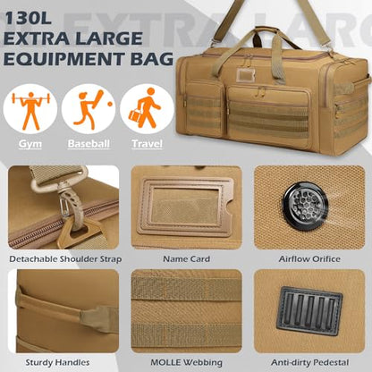 135L Extra Large Duffle Bag, Heavy Duty Sports Gym Travel Duffel Bag | for Basketball, Baseball, Hockey, Football, Helmets, and Pads - color: Brown