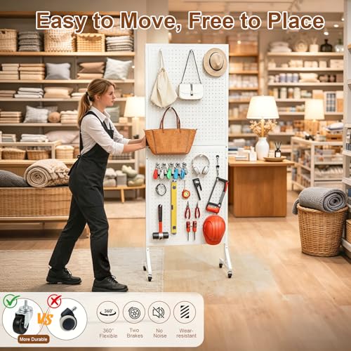 2 x 5.5 FT Metal Pegboard Display Stand with Wheel & Leveling Feet | Peg Board Panels Display Rack with 30 Hooks for Retail Store, Craft Show, Garage, Jewelry Organizer, White - color: White