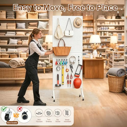 2 x 5.5 FT Metal Pegboard Display Stand with Wheel & Leveling Feet | Peg Board Panels Display Rack with 30 Hooks for Retail Store, Craft Show, Garage, Jewelry Organizer, White - color: White