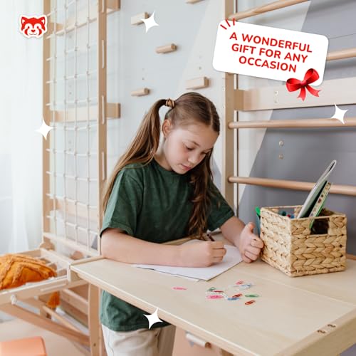 WoodandHearts 5in1 Modular Swedish Wall Gym Set for Kids Sensory Development – Swedish Ladder with Adjustable Pull-Up Bar, Rope Climbing Wall & Rock Climbing Panels (Base Set+Sorter Desk+Sit-Up Bar) - style: Base Set + 2-in-1 Sorter Desk + Sit-Up Bar