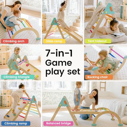 Tiny Land Pikler Triangle Set,7-in-1 Foldable Montessori Climbing Toys | Indoor Wooden Playground Jungle Gym for Kids, Climber Gift for Boys & Girls Toddler Climbing Toys (Rainbow)