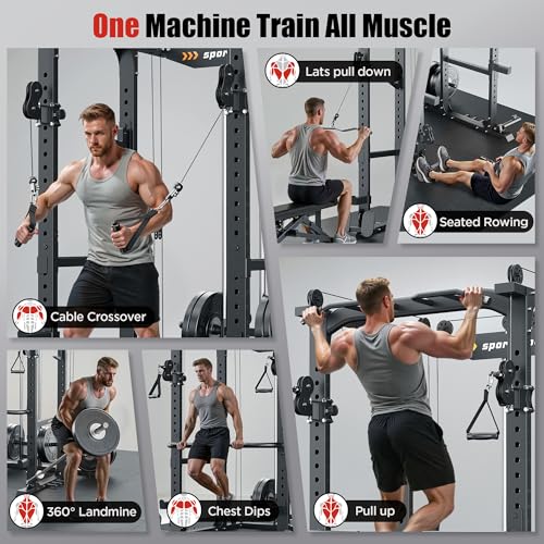 SPORTSROYALS Power Rack, Multi-Functional Power Cage, Squat Rack with Pulley System & LAT Pull Down, Workout Cage with J Hooks for Home Gym - color: Black, style: Power Cage Only