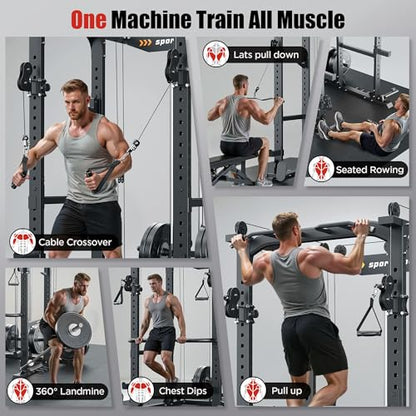 SPORTSROYALS Power Rack, Multi-Functional Power Cage, Squat Rack with Pulley System & LAT Pull Down, Workout Cage with J Hooks for Home Gym - color: Black, style: Power Cage Only