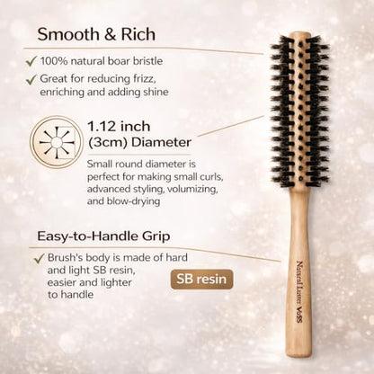 Boar Bristle Hair Brush [ Made in Japan ] 100% Natural Bristle Slick Back Brush for Styling, Separating, Shaping, and Blow-Drying for Women and Men (Round Brush) - color: Round Brush