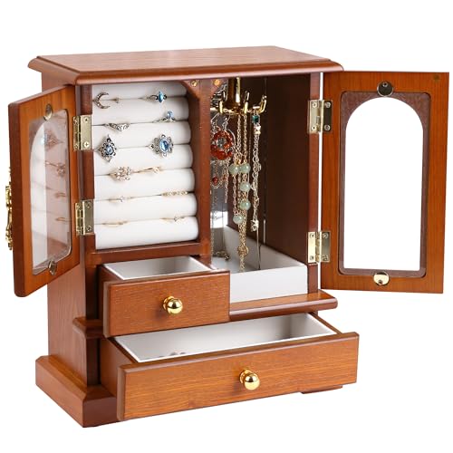 Kendal Wooden Jewelry Box for Women, Graduation Gift Solid Jewelry Holder Organizer, Mothers Day Gifts Wood Jewelry Case with Mirror for Necklaces, Earring, Rings (2 Side Door, Oak) - color: Oak