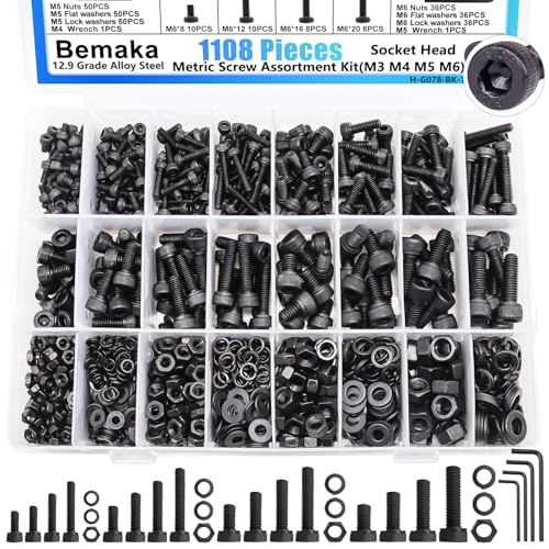 1108PCS Metric Screw Assortment Kit, M3 M4 M5 M6 Metric Bolts and Nuts Kit with with Lock & Flat Washers, 12.9 Grade Alloy Steel Hex Socket Head Cap Screws for 3D Printing - size: M3 M4 M5 M6, style: Socket Head