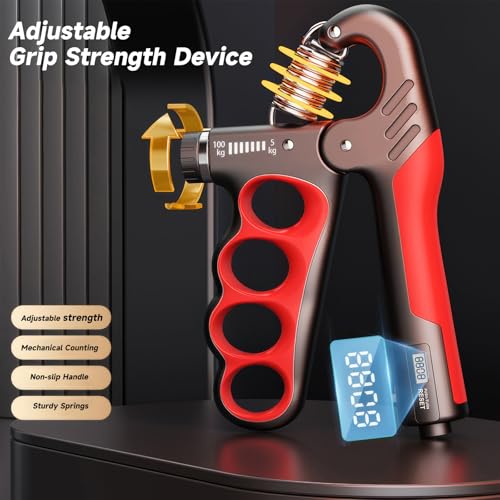 2PCS Adjustable Hand Grip Strengthener (11-220LB) - Automatic Counter Hand Wrist Forearm Exerciser, Grip Strength Trainer for Athletes, Musicians, Injury Recovery & Physical Therapy (Red)