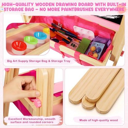 Wooden Easel for Kids, All-in-ONE Adjustable Easel with Art Supplies, Magnetic Double Sided Whiteboard & Chalkboard, Ideal Christmas, Birthday Gift for Boys & Girls Age 3, 4, 5, 6, 7, 8+ Years Old