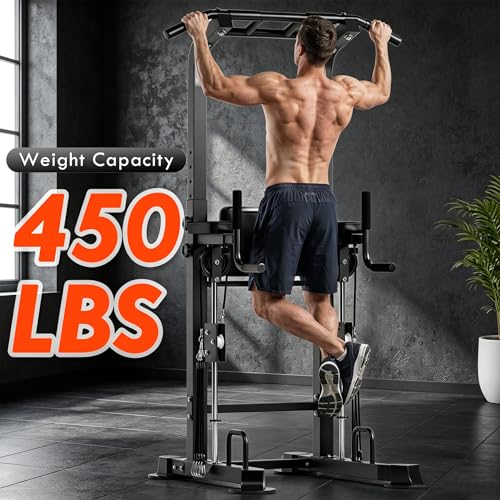 SogesPower Power Tower Multi-Function Pull Up Bar Station for Home Gym | 10-Level Height& 5-Level Armrest Adjustable,2-IN-1 Assisted Pad,Pull Up Dip Station Strength Training Workout Equipment - color: Black