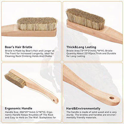 Premium Rock Climbing Brush with Thick Ultra Durable Boar's Hair Bristles, Bouldering brush with strong handle, Uni-sex Boulder Brushes as Rock Climbing Gift for Rock Climbers (CJ-CB2033A + CJCB2045B)