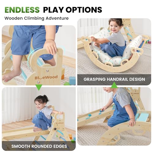 BlueWood Pikler Triangle Set with Cushion, Wooden Climbing Toys for Toddler | Foldable 9-in-1 Montessori Philosophy Toddler Climbing Toys Indoor with Reversible Ramp, Arch and Ladder - Blue - color: Blue