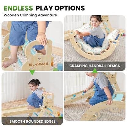 BlueWood Pikler Triangle Set with Cushion, Wooden Climbing Toys for Toddler | Foldable 9-in-1 Montessori Philosophy Toddler Climbing Toys Indoor with Reversible Ramp, Arch and Ladder - Blue - color: Blue