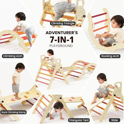 BlueWood Pikler Triangle Set, Toddler Climbing Toys Indoor 7in1 Foldable | Wooden Climber for Kids, Montessori Philosophy Play Jungle Gym with Arch, Ramp, Ladder (Farm Charm Autumn) - color: Farm Charm Autumn