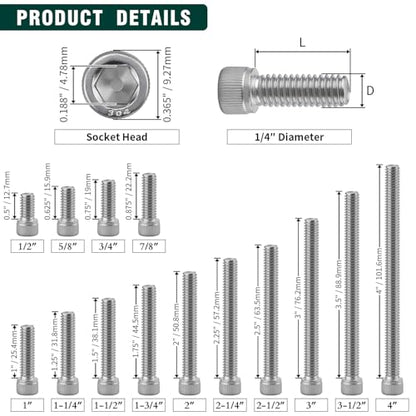 1/4-20 x 3 Socket Head Cap Screws, 304 Stainless Steel (18-8), Full Thread, Machine Screws for DIY, Machinery, Electronics, 10-Pack - size: 1/4-20 x 3" FT
