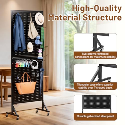 2 x 5.5 FT Metal Pegboard Display Stand with Wheel & Leveling Feet | Peg Board Panels Display Rack with 30 Hooks for Retail Store, Craft Show, Garage, Jewelry Organizer, Black - color: Black