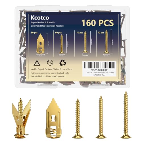 160Pcs Self Drilling Drywall Anchors with Screws Kit，Metal & Heavy Duty Grip Anchors for Wall，Sheetrock， Expansion Anchor Assorted Sizes for Picture Frames，Mirror，Cabinet， Shelves & Home Decor，