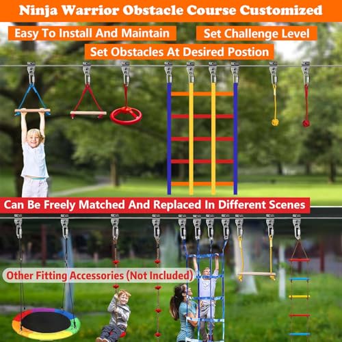 55FT Ninja Warrior Obstacle Course for Kids Backyard Outdoor | Stainless Steel Main Cable, 12 Ninja Training Children Toy Accessories, Monkey Bar, Climbing Net, Swing, CPSC Approval - size: 55FT 12Pcs