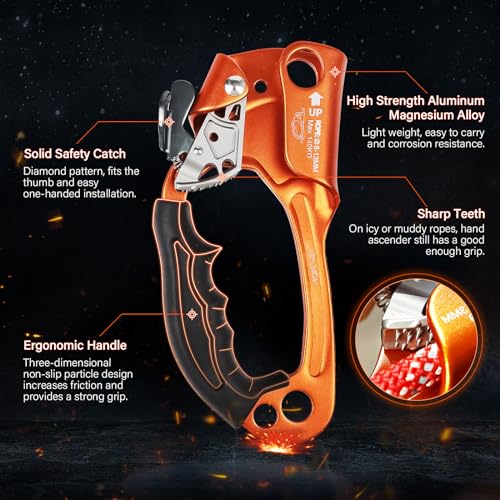 UIAA & CE Certified Rope Ascender Aluminum Alloy Rock Climbing Gear Strong Rigging Rappelling Equipment for Rock Tree Climbing Arborist Rescue Mountaineering Caving - color: Left Hand Orange 1