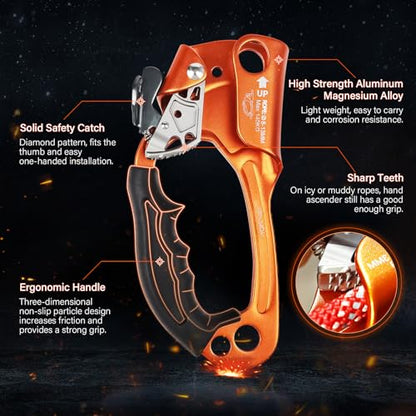 UIAA & CE Certified Rope Ascender Aluminum Alloy Rock Climbing Gear Strong Rigging Rappelling Equipment for Rock Tree Climbing Arborist Rescue Mountaineering Caving - color: Left Hand Orange 1
