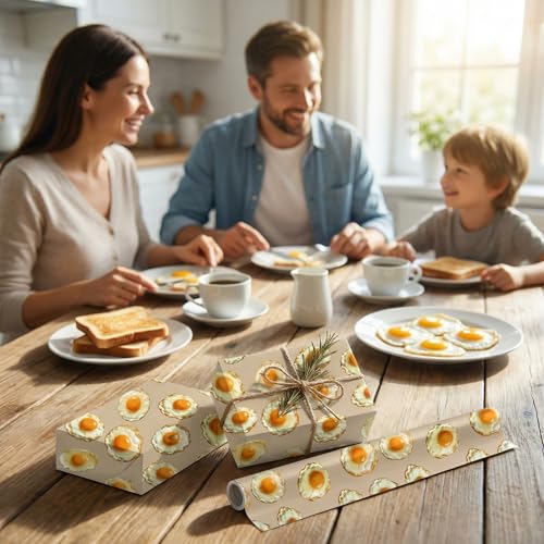 Liobelon Fried Egg Wrapping Paper Roll – 17" x 16.5 Ft Sunny Side Up Gift Wrap with Cute Egg Pattern, Breakfast Themed Wrapping Paper for Food Lover, Kitchen Gift, Brunch Birthday Party Supplies - color: Fried Egg