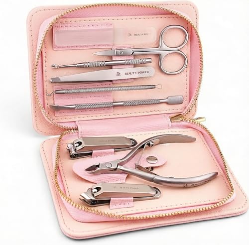 Beauty Power 9 in 1 Professional Manicure Pedicure Set - Stainless Steel Nail Clippers, Nano File, Cuticle Nipper, Scissors, Tweezers, Travel PU Leather Case for Men & Women - Gift Idea - Pink - color: Pink