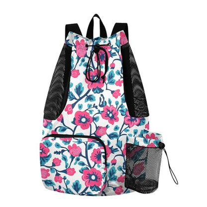 Draw String Back Bag Climbing Gym Bag With Pockets String Bag Waterproof Red Turquoise Floral Pattern