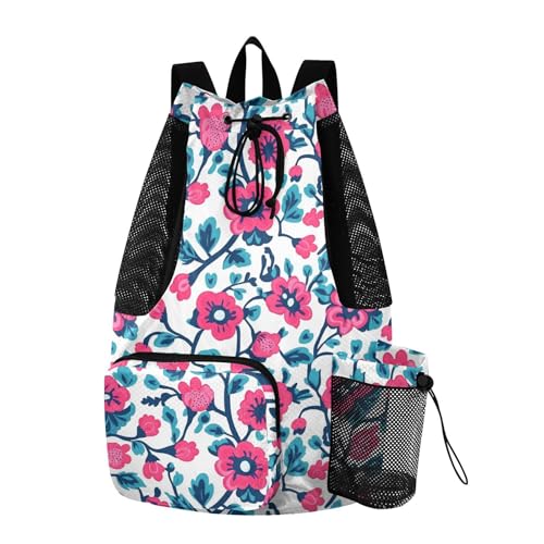 Draw String Back Bag Climbing Gym Bag With Pockets String Bag Waterproof Red Turquoise Floral Pattern