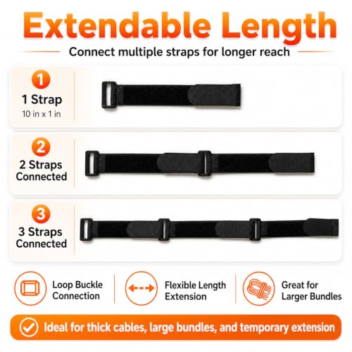 Ysenchan Hook & Loop Straps (10 Pack), Reusable Adjustable Nylon Cinch Cable Straps, Heavy Duty Hook and Loop Fastening Cable Ties for Cords & Cable Management – 1” x 12”, Black - size: 12 Inch
