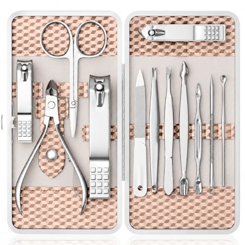 Manicure Set, Stainless Steel Nail Clipper Set with Luxurious Travel Case | 12-Piece Set with Thicker Steel, Precision-ground Cutting Edges, and Smooth-finished Tools for Clean, Precise Trimming. - color: Silver and Rose Gold