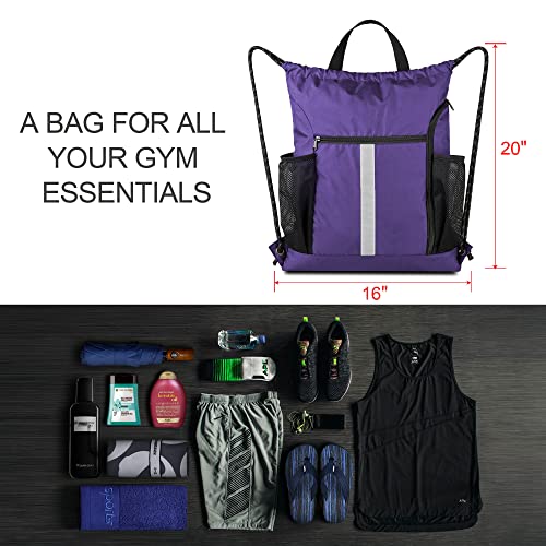 BeeGreen Purple String Bag Sack Gym Backpack with Shoe Compartment and Two Water Bottle Holder for Men Women Lightweight Durable Drawstring Cinch Sackpack - color: Purple, style: Drawstring With Shoe Compartment