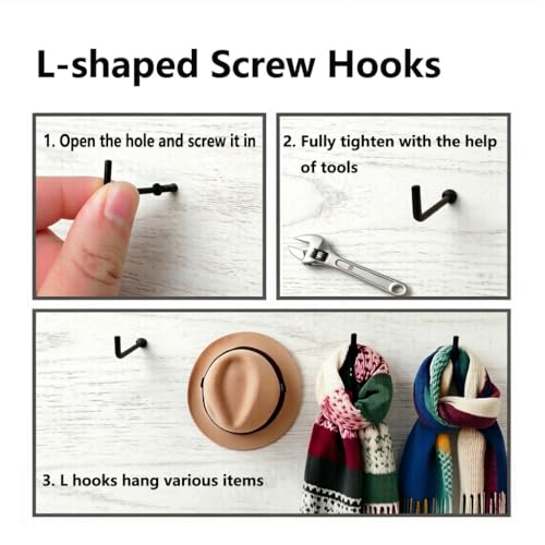 60 PCS 7 Shaped Right Angle Screw Hooks,Black 1-1/2 Inch Screw in L Shaped Hooks for Hanging Lamp,Plants,Decorations,kitchenware and DIY Crafts - size: 1-1/2inch 60pcs