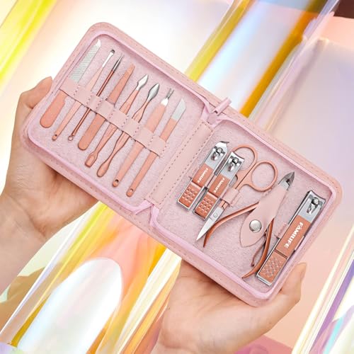 FAMILIFE Manicure Set, Professional Nail Kit Stainless Steel Nail Clipper Set, 13PCS Beauty Tools Manicure Kit Pedicure Tools, with Portable Pink Leather Travel Case for Her - color: Pink