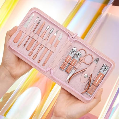 FAMILIFE Manicure Set, Professional Nail Kit Stainless Steel Nail Clipper Set, 13PCS Beauty Tools Manicure Kit Pedicure Tools, with Portable Pink Leather Travel Case for Her - color: Pink