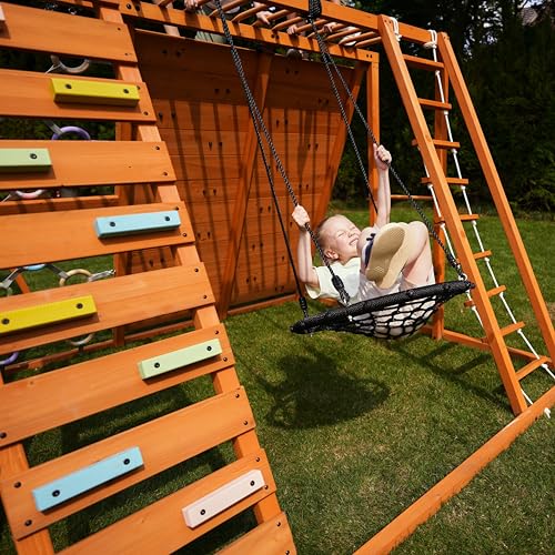 Sycamore Backyard Ultimate Climbing Set with 2 Swings and Trapeze Bar - Outdoor Playset for Kids with Gymnastics Bar, Rock Climbing Holds, and Sensory Playground Accessories - Wooden Swingset for Ages