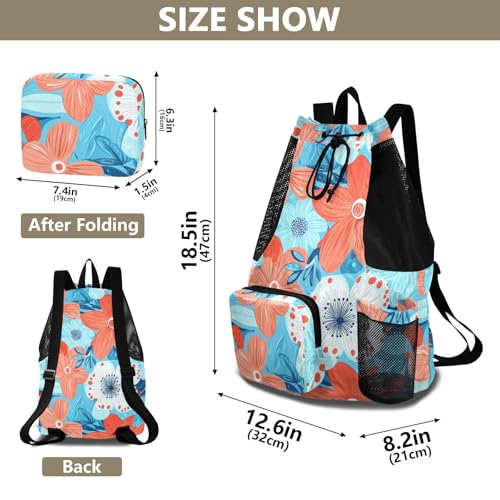 Flowers Turquoise and Coral Draw String Back Bag Climbing Gym Bag With Water Bottle Holder Waterproof