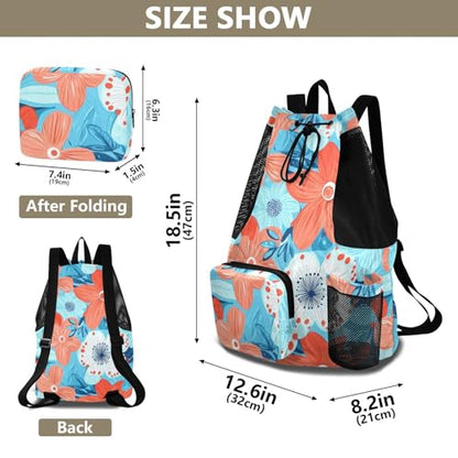 Flowers Turquoise and Coral Draw String Back Bag Climbing Gym Bag With Water Bottle Holder Waterproof