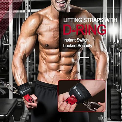Double-Side Anti-Slip PERYOLYF Lifting Straps with D Ring - Adjustable Gym Straps for Deadlifts, Weightlifting & Cable Machine - Thick Wrist Support for Men & Women - color: Red