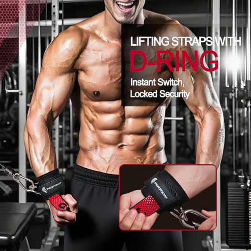 Double-Side Anti-Slip PERYOLYF Lifting Straps with D Ring - Adjustable Gym Straps for Deadlifts, Weightlifting & Cable Machine - Thick Wrist Support for Men & Women - color: Red