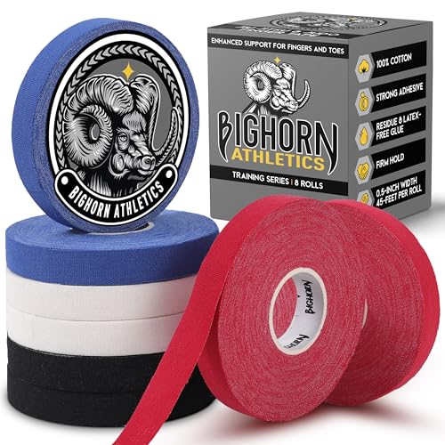 Bighorn Athletics Finger Tape, 0.5in x 45ft, 8 Rolls, Black/Blue/Red/White | Athletic Sports Tape for Jiu Jitsu, Climbing, Volleyball, Golf. Hands & Toes Support. Residue-Free, Zinc Oxide Adhesive. - color: Black, Blue, Red, White, size: 0.5-Inch