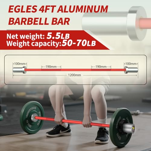 Egles Kids Barbell 5.5LB Mini Barbell Bar 4ft for Kid Women & Beginners Weighted Bar - Compatible with 2-Inch Weight Plates, for Strength Training Gym Weight Lifting, Multi-Color Training Bar - color: Silver Sleeve Red Bar