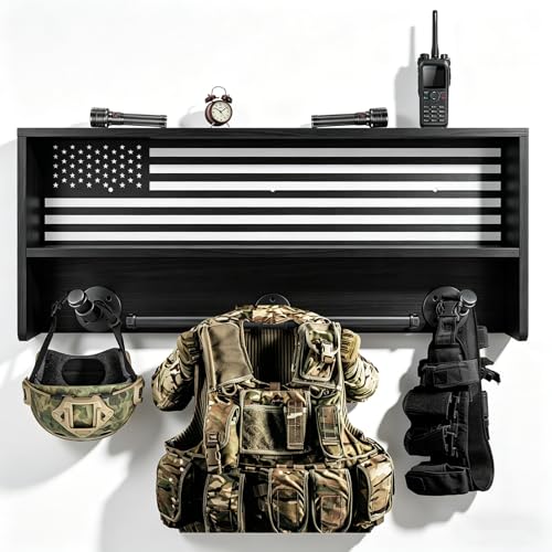 DoubleFill Police Gear Rack Police Vest Wall Mounted Hanger USA Flag Tactical Gear Stand with Gun Storage Plate Carrier Law Enforcement Organizer Accessories for Men Veteran Gift - color: Black, style: Storage Shelf