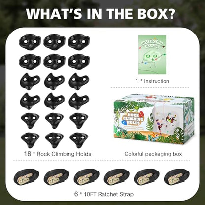 TOPNEW 18PCS Ninja Tree Climbing Holds and 6 Sturdy Ratchet Straps for Kids Tree Climbing, Large Climbing Rocks for Outdoor Ninja Warrior Obstacle Course Training - style: 18 Black Climbing Holds