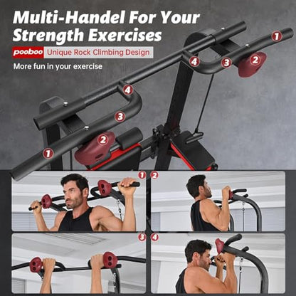 Pooboo Power Tower Dip Station Pull Up Bar for Fitness Home Gym Workout,450 Pounds Multi-Function Adjustable Height Fitness Strength Training Exercise Equipment,with Power Elastic Ropes - color: Black-05