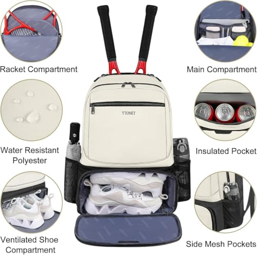 Ytonet Tennis Bag Tennis Backpack for Women Men 2 Rackets | Insulated Pocket and Ventilated Shoe Compartment, Gym Bags with Fence Hook for Pickleball and Badminton Rackets - color: Beige