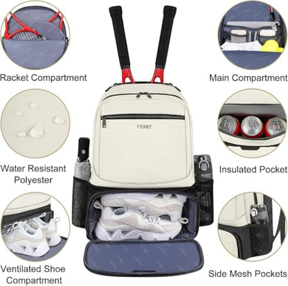 Ytonet Tennis Bag Tennis Backpack for Women Men 2 Rackets | Insulated Pocket and Ventilated Shoe Compartment, Gym Bags with Fence Hook for Pickleball and Badminton Rackets - color: Beige