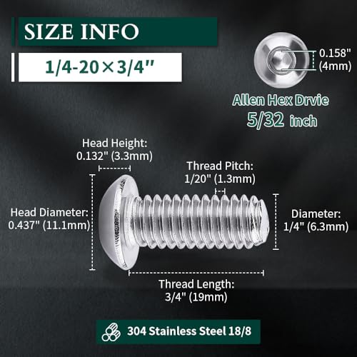 1/4-20 x 3/4" Button Head Socket Cap Bolts Screws, 304 Stainless Steel 18-8, Allen Hex Drive, Bright Finish, Fully Machine Thread, Pack of 50 - size: 1/4-20 x 3/4