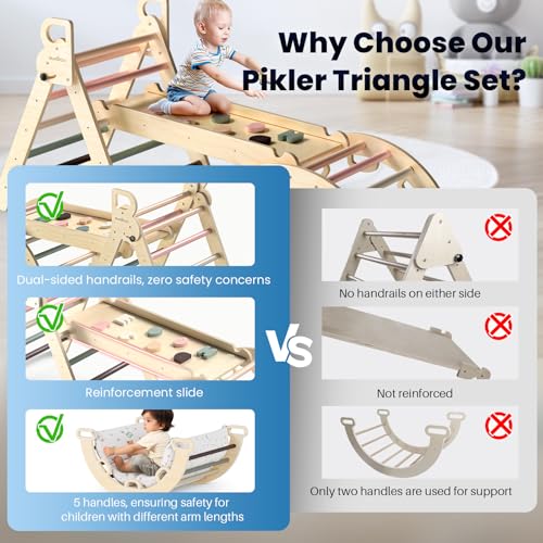 BlueWood Pikler Triangle Set, Foldable Wooden Toddler Climbing Toys Indoor Playground Jungle Gym Montessori Philosophy Climber for 2-6 Years Old, Baby, Kids (Mauve Pink, with Cushion) - color: Mauve Pink