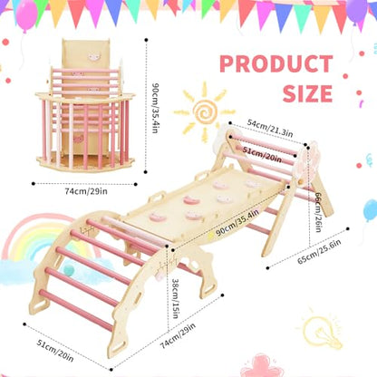 Pikler Triangle Set with Safe Handle, 7-in-1 Montessori Climbing Set for Toddlers, Wooden Pickler Climbing Set, Collapsible Climbing Triangle Climbing Set, Baby Jungle Gym & Playground, for 1-3 Year - color: Pink