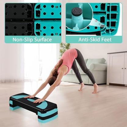 HomGarden Adjustable Workout Aerobic Stepper in Fitness & Exercise Step Platform Trainer Stepper w/Risers Adjust 4"-6''-8'' - color: Green/Blue
