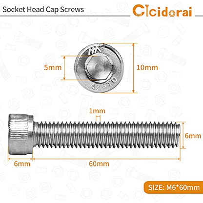 M6-1.0 x 60mm Socket Head Cap Screws Bolts, 304 Stainless Steel (A2-70), Allen Socket Drive, Bright Finish, Full Machine Threads, Quantity 10 - size: M6 x 60mm(10 PCS)